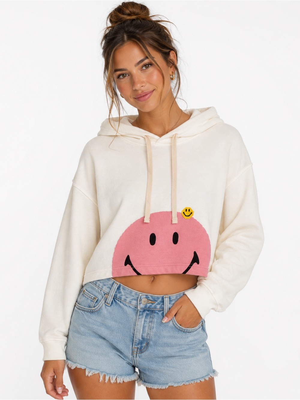 Joshua Sanders Smiley Cropped Hoodie Cream Pink Graphic Italy NWT Size M  Retail